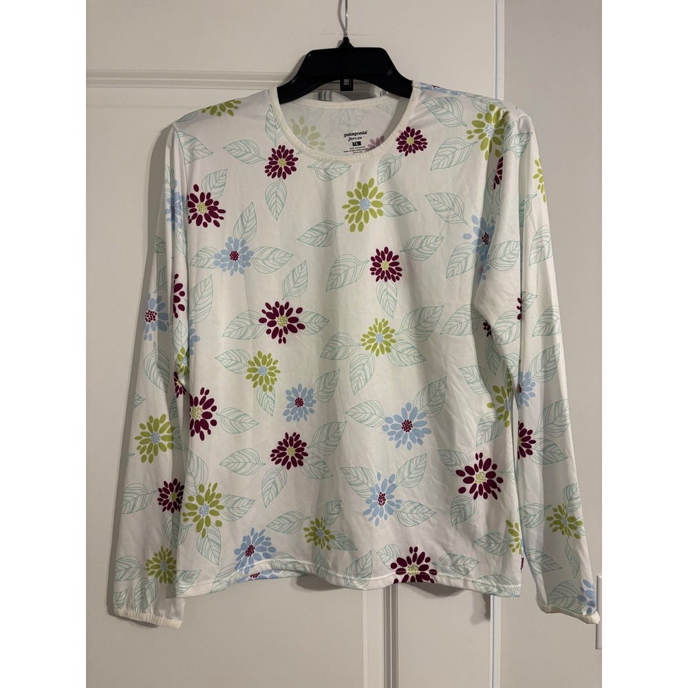 Patagonia Capilene Base Layer Women L White Floral Excellent Long Sleeve Top
